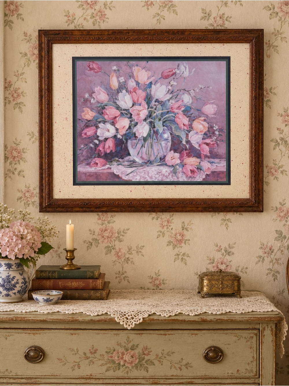 Barbara Mock Framed Pink Tulip Floral Print Cottagecore Shabby Chic Wall Art